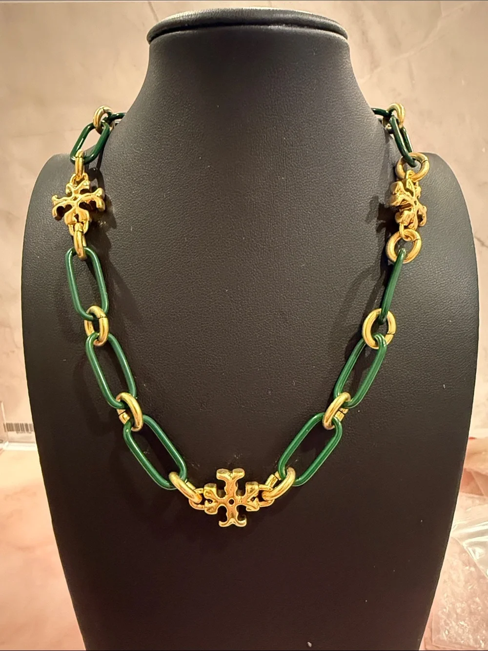 Tory Burch | Gold Plated Logo & Green Chain Link Necklace